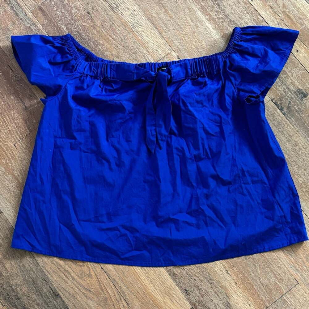 Who What Wear Women's Size M Blue Off-The-Shoulder Tie-Front Cotton Top